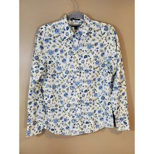 Women's Lands' End No Iron Pinpoint Oxford Blue Flower Floral Pattern, Size 10